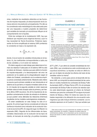 J. L. MIRALLES MARCELO, J. L. MIRALLES QUIRÓS Y M.ª M. MIRALLES QUIRÓS

otras, mediante los resultados obtenidos en las funcio-
nes de impulso-respuesta y la descomposición de la va-                                                                    CUADRO 2
rianza del error de predicción principalmente. Por ello se                    CONTRASTES DE RAÍZ UNITARIA
ha considerado esta metodología la más adecuada para
dar una respuesta a nuestro propósito de determinar               Variable                                                   ADF             PP
qué variables de mercado y/o económicas influyen en el            IPI .   .   .   .   .   .   .   .   .   .   .   .   .    –3,483157*     –2,843797**
comportamiento de la liquidez.                                    INE     .   .   .   .   .   .   .   .   .   .   .   .    –2,614305**   –13,29862*
   Entre las ventajas de la modelización VAR, hay que             ETT     .   .   .   .   .   .   .   .   .   .   .   .    –3,733041*     –2,862842**
                                                                  DIF.    .   .   .   .   .   .   .   .   .   .   .   .    –3,063704*     –5,587026*
destacar que requiere poca exigencia técnica y que no
                                                                  RM .    .   .   .   .   .   .   .   .   .   .   .   .   –10,87258*     –10,83213*
hay necesidad de Teoría Económica. Podemos repre-                 ILIQ    .   .   .   .   .   .   .   .   .   .   .   .    –3,326959*     –4,574286*
sentar de forma simplificada el sistema VAR (omitiendo
                                                                  NOTAS: Contraste de raíz unitaria de las siguientes variables: cambios en
la constante) en base a la expresión [3],                         el índice de producción industrial (IPI), inflación no esperada (INE), estruc-
                                                                  tura temporal de los tipos de interés (ETT), diferencial de insolvencia finan-
                                                                  ciera (DIF) y rentabilidad de mercado (RM) e iliquidez (ILIQ).
                                K                                 En el contraste aumentado de Dickey-Fuller el número de retardos óptimo
                       X t = å At - j X t - j + Ut        [3]     está determinado siguiendo el criterio de Akaike mientras que para los con-
                               j =1                               trastes PP se sigue el procedimiento de Newey y West. En todos los casos
                                                                  los contrastes responden a la utilización de una ecuación autorregresiva
                                                                  que sólo incluye el término constante.
                                                                  * y ** suponen el rechazo de la hipótesis nula al 5 por 100 y 10 por 100 de
donde, Xt es el vector de variables introducidas en el sis-       nivel de significatividad respectivamente.
                                                                  FUENTE: Elaboración propia.
tema, At–j los coeficientes correspondientes a cada una
de las variables y Ut el vector de residuos.
   El criterio seguido en este trabajo para determinar el nú-   (ETT y DIF). Y por último la variable rentabilidad de mer-
mero de retardos K adecuado en el sistema VAR ha sido           cado (RM), que consideramos está condicionada por la
el criterio de Schwarz, mientras que para definir la función    coyuntura económica. La liquidez se sitúa en último lu-
de impulso-respuesta y la descomposición del error de           gar con el objeto de estudiar los efectos del resto de las
predicción se ha optado por la ortogonalización según el        variables sobre la misma7.
criterio de Choleski, coincidiendo con la evidencia empíri-        No obstante, y como paso previo al desarrollo del sis-
ca previa comentada anteriormente. Mediante este criterio       tema VAR, se comprobó la estacionariedad de las varia-
se asume que la primera variable en ser introducida en el       bles en niveles mediante los contrastes de Dickey Fuller
sistema es la que tiene un impacto inmediato sobre el res-      Aumentado (ADF) y Philips Perron (PP). En el contraste
to. Un impulso de la segunda variable en orden repercute        aumentado de Dickey-Fuller el número de retardos ópti-
también sobre el resto excepto sobre la primera y así has-      mo está determinado siguiendo el criterio de Schwart
ta la última (VAR recursivo). De ahí la importancia de es-      mientras que para los contrastes PP se sigue el procedi-
pecificar correctamente el orden de entrada en el sistema,      miento de Newey y West. En todos los casos los con-
ya que pueden verse alteradas las relaciones dinámicas          trastes responden a la utilización de una ecuación auto-
resultantes de los modelos autorregresivos empleados.           rregresiva que sólo incluye el término constante. Los re-
   El orden establecido en este trabajo ha sido el si-          sultados aparecen en el Cuadro 2. Hay que señalar que
guiente. En primer lugar hemos considerado el índice de
confianza industrial como indicador de la evolución futu-
ra de la economía (IPI). En segundo lugar, la inflación no        7
                                                                    Éste será el orden en el que aparecerán las variables en todas las
esperada (INE). Seguida de los diferenciales de tipos,          tablas presentadas. No obstante, y después de analizar todas las
                                                                combinaciones posibles, se ha comprobado que las conclusiones que
variables relacionadas con la evolución de los tipos de         derivan del estudio no difieren sustancialmente del orden inicialmente
interés, el mercado de renta fija y la política monetaria       establecido.




202   ICE   TRIBUNA DE ECONOMÍA
            Noviembre-Diciembre 2007. N.º 839
 