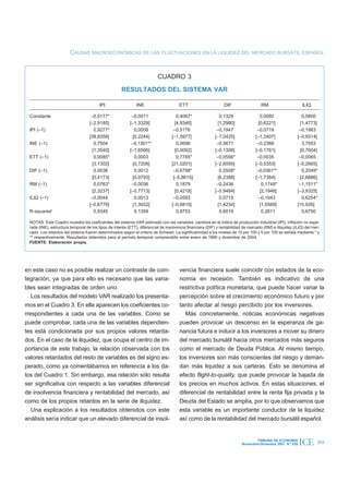 CAUSAS MACROECONÓMICAS DE LAS FLUCTUACIONES EN LA LIQUIDEZ DEL MERCADO BURSÁTIL ESPAÑOL



                                                                         CUADRO 3

                                                     RESULTADOS DEL SISTEMA VAR

                                        IPI                  INE                      ETT                      DIF                  RM                       ILIQ

 Constante                          –0,0177*               –0,0011                   0,4067*                 0,1329                 0,0092                  0,0800
                                   [–2,9185]              [–1,3329]                 [4,9346]                [1,2980]               [0,6221]                [1,4773]
 IPI (–1)                             0,9277*                0,0008                –0,5176                 –0,1947                –0,0719                 –0,1983
                                   [38,8358]                [0,2244]              [–1,5977]               [–1,0425]              [–1,2407]               [–0,9314]
 INE (–1)                             0,7504               –0,1301**                 0,0696                –0,5671                –0,2368                   3,7553
                                     [1,3540]             [–1,6566]                 [0,0092]              [–0,1308]              [–0,1761]                 [0,7604]
 ETT (–1)                             0,0085*                0,0003                  0,7785*               –0,0556*               –0,0035                 –0,0065
                                     [3,1302]               [0,7208]              [21,0201]               [–2,6059]              [–0,5353]               [–0,2665]
 DIF (–1)                             0,0036                 0,0012                –0,6798*                  0,5508*              –0,0361**                 0,2049*
                                     [0,4173]               [0,9793]               [–5,8615]                [8,2388]             [–1,7384]                 [2,6886]
 RM (–1)                              0,0763*              –0,0036                   0,1879                –0,2436                   0,1749*              –1,1511*
                                     [2,3237]             [–0,7713]                 [0,4218]              [–0,9484]                 [2,1948]             [–3,9325]
 ILIQ (–1)                          –0,0044                  0,0013                –0,0593                   0,0715                –0,1043                  0,6254*
                                   [–0,6779]                [1,3932]              [–0,6810]                 [1,4234]                [1,5569]             [10,926]
 R-squared                            0,9345                 0,1359                  0,8753                  0,6019                  0,2611                 0,6750

 NOTAS: Este Cuadro muestra los coeficientes del sistema VAR estimado con las variables: cambios en el índice de producción industrial (IPI), inflación no espe-
 rada (INE), estructura temporal de los tipos de interés (ETT), diferencial de insolvencia financiera (DIF) y rentabilidad de mercado (RM) e iliquidez (ILIQ) del mer-
 cado. Los retardos del sistema fueron determinados según el criterio de Schwart. La significatividad a los niveles de 10 por 100 y 5 por 100 se señala mediante * y
 ** respectivamente. Resultados obtenidos para el período temporal comprendido entre enero de 1990 y diciembre de 2004,
 FUENTE: Elaboración propia.




en este caso no es posible realizar un contraste de coin-                             vencia financiera suele coincidir con estados de la eco-
tegración, ya que para ello es necesario que las varia-                               nomía en recesión. También es indicativo de una
bles sean integradas de orden uno.                                                    restrictiva política monetaria, que puede hacer variar la
   Los resultados del modelo VAR realizado los presenta-                              percepción sobre el crecimiento económico futuro y por
mos en el Cuadro 3. En ella aparecen los coeficientes co-                             tanto afectar al riesgo percibido por los inversores.
rrespondientes a cada una de las variables. Como se                                      Más concretamente, noticias económicas negativas
puede comprobar, cada una de las variables dependien-                                 pueden provocar un descenso en la esperanza de ga-
tes está condicionada por sus propios valores retarda-                                nancia futura e inducir a los inversores a mover su dinero
dos. En el caso de la iliquidez, que ocupa el centro de im-                           del mercado bursátil hacia otros mercados más seguros
portancia de este trabajo, la relación observada con los                              como el mercado de Deuda Pública. Al mismo tiempo,
valores retardados del resto de variables es del signo es-                            los inversores son más conscientes del riesgo y deman-
perado, como ya comentábamos en referencia a los da-                                  dan más liquidez a sus carteras. Esto se denomina el
tos del Cuadro 1. Sin embargo, esa relación sólo resulta                              efecto flight-to-quality, que puede provocar la bajada de
ser significativa con respecto a las variables diferencial                            los precios en muchos activos. En estas situaciones, el
de insolvencia financiera y rentabilidad del mercado, así                             diferencial de rentabilidad entre la renta fija privada y la
como de los propios retardos en la serie de iliquidez.                                Deuda del Estado se amplía, por lo que observamos que
   Una explicación a los resultados obtenidos con este                                esta variable es un importante conductor de la liquidez
análisis sería indicar que un elevado diferencial de insol-                           así como de la rentabilidad del mercado bursátil español.


                                                                                                                                 TRIBUNA DE ECONOMÍA
                                                                                                                         Noviembre-Diciembre 2007. N.º 839   ICE    203
 
