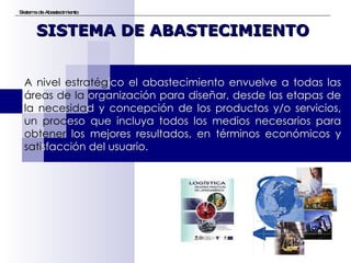 Sistema de Abastecimiento SISTEMA DE ABASTECIMIENTO A nivel estratég ico el abastecimiento envuelve a todas las  áreas de la  organización para diseñar, desde las etapas de  la necesida d y concepción de los productos y/o servicios,  un proc eso que incluya todos los medios necesarios para  obtener  los mejores resultados, en términos económicos y  sati sfacción del usuario. 
