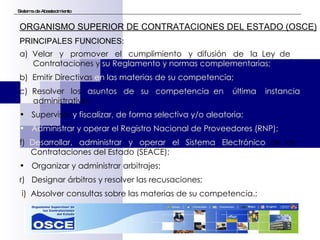 Sistema de Abastecimiento ORGANISMO SUPERIOR DE CONTRATACIONES DEL ESTADO (OSCE) PRINCIPALES FUNCIONES: a)  Velar  y  promover  el  cumplimiento  y  difusión  de  la  Ley  de  Contrataciones y  su Reglamento y normas complementarias; b)  Emitir Directivas  en las materias de su competencia; c)  Resolver  los  asuntos  de  su  competencia  en  última  instancia   administrativa; Supervisar  y fiscalizar, de forma selectiva y/o aleatoria; Administrar y operar el Registro Nacional de Proveedores (RNP); f)  Desarrollar,  administrar  y  operar  el  Sistema  Electrónico   de  las  Contrataciones del Estado (SEACE); Organizar y administrar arbitrajes; Designar árbitros y resolver las recusaciones; i)  Absolver consultas sobre las materias de su competencia.; 