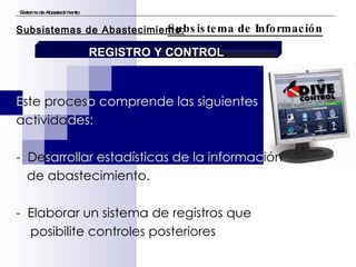 E ste proces o comprende las siguientes  activida des: -  De sarrollar estadísticas de la informac ión  de abastecimiento. -  Elaborar un sistema de registros que  posibilite controles posteriores  Sistema de Abastecimiento Subsistema de Información Subsistemas de Abastecimiento: REGISTRO Y CONTROL 