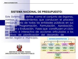 Sistema de Abastecimiento Este Sistema   se define  como el conjunto de órganos,  normas y  procedimientos que conducen el proceso  presupue stario de todas las entidades públicas en sus  fases  de Programación, Formulación, Aprobación,  Ejecuc ión y Evaluación.  Fases que  constituyen un ciclo  int egrado e interactivo de acciones articuladas a los  ob jetivos de planificación del desarrollo de  cada  sector, región o  municipio.   SISTEMA NACIONAL DE PRESUPUESTO: 