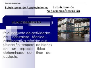 Es el  conjunto de actividades  de  naturaleza  técnico –  adm inistrativa referidas a la  ubicación temporal de bienes  en  un  espacio  físico  determinado  con  fines  de  custodia. Sistema de Abastecimiento Subsistema de Negociación/obtención Subsistemas de Abastecimiento: ALMACENAMIENTO 