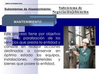 Este pro ceso tiene por objetivo  evitar  la paralización de los  servi cios que presta la entidad y  consiste en realizar acciones destinadas a conservar en óptimo estado los equipos, instalaciones, materiales y bienes que posee la entidad. Sistema de Abastecimiento Subsistema de Negociación/obtención Subsistemas de Abastecimiento: MANTENIMIENTO 