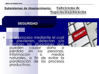 Es el proceso mediante el cual se previenen, detectan y/o eliminan las situaciones que  pueden causar daño o pérdida en las personas, información o medios naturales, a fin de evitar la paralización de los procesos productivos. Sistema de Abastecimiento Subsistema de Negociación/obtención Subsistemas de Abastecimiento: SEGURIDAD 