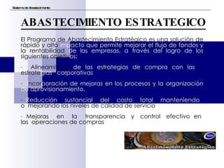 El Programa de Abastecimiento Estratégico es una solución de   rápido y alto  impacto que permite mejorar el flujo de fondos y  la rentabilidad  de las empresas, a través del logro de los  siguientes objetiv os: Alineamiento  de las estrategias de compra con las  estrate gias  corporativas I ncor poración de mejoras en los procesos y la organización de aprovisionamiento. Reducción  sustancial  del  costo  total  manteniendo  o  mejorando los niveles de calidad de servicio . Mejoras  en  la  transparencia  y  control  efectivo  en  las  operaciones de compras Sistema de Abastecimiento ABASTECIMIENTO ESTRATEGICO 