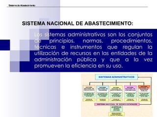 Sistema de Abastecimiento Los sistemas administrativos son los conjuntos de principios, normas, procedimientos, técnicas e instrumentos que regulan la utilización de recursos en las entidades de la administración pública y que a la vez promueven la eficiencia en su uso.  SISTEMA NACIONAL DE ABASTECIMIENTO: 