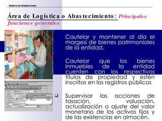 Cautelar y mantener al día el margesí de bienes patrimoniales de la entidad. Cautelar que los bienes inmuebles de la entidad cuenten con los respectivos  títulos de propiedad y estén inscritos en los registros públicos Supervisar las acciones de tasación, valuación, actualización o ajuste del valor monetario de los activos fijos y de las existencias en almacén. Sistema de Abastecimiento Área de Logística o Abastecimiento:  Principales funciones generales 