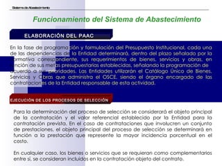 Sistema de Abastecimiento EJECUCIÓN DE LOS PROCESOS DE SELECCIÓN   ELABORACIÓN DEL PAAC   Funcionamiento del Sistema de Abastecimiento En la fase de programa ción y formulación del Presupuesto Institucional, cada una  de las dependencias de  la Entidad determinará, dentro del plazo señalado por la  normativa corresp ondiente, sus requerimientos de bienes, servicios y obras, en  función de sus met as presupuestarias establecidas, señalando la programación de  acuerdo a sus  prioridades. Las Entidades utilizarán el Catálogo Único de Bienes,  Servicios y O bras que administra el OSCE, siendo el órgano encargado de las  contratacion es de la Entidad responsable de esta actividad.  Para la determinación del proceso de selección se considerará el objeto principal de la contratación y el valor referencial establecido por la Entidad para la contratación prevista. En el caso de contrataciones que involucren un conjunto de prestaciones, el objeto principal del proceso de selección se determinará en función a la prestación que represente la mayor incidencia porcentual en el costo.  En cualquier caso, los bienes o servicios que se requieran como complementarios entre sí, se consideran incluidos en la contratación objeto del contrato. 