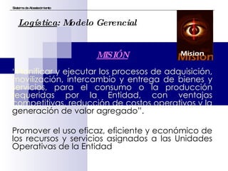 “ Planificar y ejecutar los procesos de adquisición, movilización, intercambio y entrega de bienes y servicios, para el consumo o la producción requeridas por la Entidad, con ventajas competitivas, reducción de costos operativos y la  generación de valor agregado”. Promover el uso eficaz, eficiente y económico de los recursos y servicios asignados a las Unidades Operativas de la Entidad Sistema de Abastecimiento Logística : Modelo Gerencial MISIÓN 