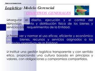 Asegurar el  diseño, ejecución y el control del  aprovision amiento y distribución física de los bienes y  servicios a los  requerimientos de la Entidad. Promo ver y normar el uso eficaz, eficiente y económico de  los  bienes, recursos y servicios asignados a las unidades   operativas de la Entidad. Instituir una gestión logística transparente y con sentido etico, propiciando una cultura basado en principios y valores, con obligaciones y compromisos compartidos. Sistema de Abastecimiento Logística : Modelo Gerencial OBJETIVOS GENERALES 
