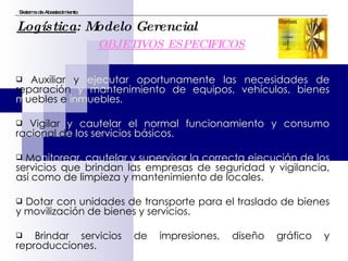 Auxiliar y  ejecutar oportunamente las necesidades de  reparación  y mantenimiento de equipos, vehículos, bienes   m uebles e  inmuebles. Vigilar  y cautelar el normal funcionamiento y consumo  racional d e los servicios básicos. Mo nitorear, cautelar y supervisar la correcta ejecución de los  servicios que brindan las empresas de seguridad y vigilancia, así como de limpieza y mantenimiento de locales. Dotar con unidades de transporte para el traslado de bienes y movilización de bienes y servicios. Brindar servicios de impresiones, diseño gráfico y reproducciones. Sistema de Abastecimiento Logística : Modelo Gerencial OBJETIVOS ESPECIFICOS 
