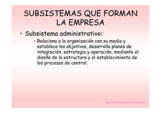 SUBSISTEMAS QUE FORMAN
       LA EMPRESA
• Subsistema administrativo:
    • Relaciona a la organización con su medio y
      establece los objetivos, desarrolla planes de
      integración, estrategia y operación, mediante el
      diseño de la estructura y el establecimiento de
      los procesos de control.




                                     Mg. Edith Lilian Chávez Salinas
 