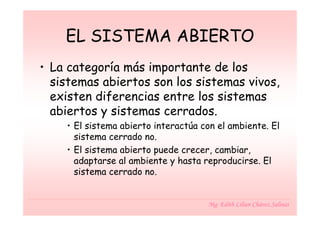 EL SISTEMA ABIERTO
• La categoría más importante de los
  sistemas abiertos son los sistemas vivos,
  existen diferencias entre los sistemas
  abiertos y sistemas cerrados.
    • El sistema abierto interactúa con el ambiente. El
      sistema cerrado no.
    • El sistema abierto puede crecer, cambiar,
      adaptarse al ambiente y hasta reproducirse. El
      sistema cerrado no.


                                     Mg. Edith Lilian Chávez Salinas
 