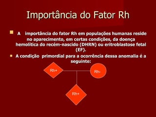 Importância do Fator Rh A importância do fator Rh em populações humanas reside no aparecimento, em certas condições, da doença hemolítica do recém-nascido (DHRN) ou eritroblastose fetal (EF). A condição  primordial para a ocorrência dessa anomalia é a seguinte: Rh+ Rh- Rh+ 