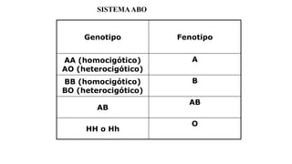 Genotipo Fenotipo
AA (homocigótico)
AO (heterocigótico)
A
BB (homocigótico)
BO (heterocigótico)
B
AB
AB
HH o Hh
O
SISTEMAABO
 
