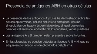 Presencia de antígenos ABH en otras células
La presencia de los antígenos A y B se ha demostrado sobre las
células epidérmicas, células del líquido amniótico, células
sinusoidales del bazo y espermatozoides, al igual que en las
paredes celulares del endotelio de los capilares, venas y arterias.
Los antígenos A y B también están presentes sobre linfocitos.
En las plaquetas se pueden detectar antígenos A, B y H, que se
adquieren por adsorción de glicolípidos del plasma.
 