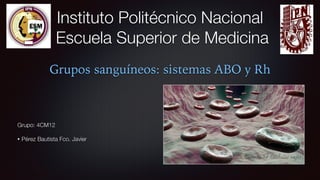 Instituto Politécnico Nacional 
Escuela Superior de Medicina
Grupos sanguíneos: sistemas ABO y Rh
Grupo: 4CM12
	
• Pérez Bautista Fco. Javier
 