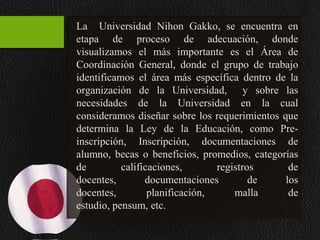 La Universidad Nihon Gakko, se encuentra en
etapa de proceso de adecuación, donde
visualizamos el más importante es el Área de
Coordinación General, donde el grupo de trabajo
identificamos el área más específica dentro de la
organización de la Universidad, y sobre las
necesidades de la Universidad en la cual
consideramos diseñar sobre los requerimientos que
determina la Ley de la Educación, como Preinscripción, Inscripción, documentaciones de
alumno, becas o beneficios, promedios, categorías
de
calificaciones,
registros
de
docentes,
documentaciones
de
los
docentes,
planificación,
malla
de
estudio, pensum, etc.

 
