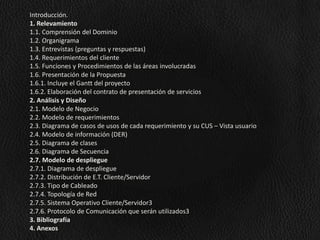 Introducción.
1. Relevamiento
1.1. Comprensión del Dominio
1.2. Organigrama
1.3. Entrevistas (preguntas y respuestas)
1.4. Requerimientos del cliente
1.5. Funciones y Procedimientos de las áreas involucradas
1.6. Presentación de la Propuesta
1.6.1. Incluye el Gantt del proyecto
1.6.2. Elaboración del contrato de presentación de servicios
2. Análisis y Diseño
2.1. Modelo de Negocio
2.2. Modelo de requerimientos
2.3. Diagrama de casos de usos de cada requerimiento y su CUS – Vista usuario
2.4. Modelo de información (DER)
2.5. Diagrama de clases
2.6. Diagrama de Secuencia
2.7. Modelo de despliegue
2.7.1. Diagrama de despliegue
2.7.2. Distribución de E.T. Cliente/Servidor
2.7.3. Tipo de Cableado
2.7.4. Topología de Red
2.7.5. Sistema Operativo Cliente/Servidor3
2.7.6. Protocolo de Comunicación que serán utilizados3
3. Bibliografía
4. Anexos

 