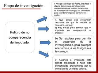 Etapa de investigación.
Peligro de no
comparecencia
del imputado.
I. Arraigo en el lugar del hecho, el Estado o
el país, determinado por el domicilio,
residencia habitual, asiento de la familia,
de sus negocios o trabajo y las facilidades
para abandonar el país o permanecer
oculto;
b) Se requiera para permitir
el desarrollo de la
investigación o para proteger
a la víctima, a los testigos o a
terceros, o
II. Que exista una presunción
razonable de que la medida es
necesaria, porque:
a) Hay bases para estimar que el
imputado no comparecerá al
proceso;
c) Cuando el imputado esté
siendo procesado o haya sido
sentenciado previamente por la
comisión de un delito doloso.
 