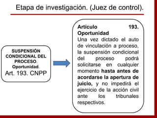 Artículo 193.
Oportunidad
Una vez dictado el auto
de vinculación a proceso,
la suspensión condicional
del proceso podrá
solicitarse en cualquier
momento hasta antes de
acordarse la apertura de
juicio, y no impedirá el
ejercicio de la acción civil
ante los tribunales
respectivos.
SUSPENSIÓN
CONDICIONAL DEL
PROCESO.
Oportunidad.
Art. 193. CNPP
Etapa de investigación. (Juez de control).
 
