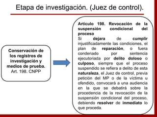 Artículo 198. Revocación de la
suspensión condicional del
proceso
Si dejara de cumplir
injustificadamente las condiciones, el
plan de reparación, o fuera
condenado por sentencia
ejecutoriada por delito doloso o
culposo, siempre que el proceso
suspendido se refiera a delito de esta
naturaleza, el Juez de control, previa
petición del MP o de la víctima u
ofendido, convocará a una audiencia
en la que se debatirá sobre la
procedencia de la revocación de la
suspensión condicional del proceso,
debiendo resolver de inmediato lo
que proceda.
Conservación de
los registros de
investigación y
medios de prueba.
Art. 198. CNPP
Etapa de investigación. (Juez de control).
 