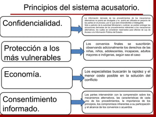 La información derivada de los procedimientos de los mecanismos
alternativos no podrá ser divulgada y no podrá ser utilizada en perjuicio de
las partes en el proceso, por lo que será intransferible e indelegable.
Sólo a petición de la autoridad Ministerial o Judicial, se podrán entregar las
actuaciones derivadas de los procedimientos referentes a los mecanismos
alternativos, los cuales se consideran reservados para efectos de Ley de
Acceso a la Información Pública del Estado;
Los convenios finales se suscribirán
observando adicionalmente los derechos de las
niñas, niños, adolescentes, incapaces, adultos
mayores e indígenas, según sea el caso
Los especialistas buscarán la rapidez y el
menor costo posible en la solución del
conflicto
Confidencialidad.
Protección a los
más vulnerables
Economía.
Principios del sistema acusatorio.
Las partes intervendrán con la comprensión sobre los
mecanismos alternativos, las características de cada
uno de los procedimientos, la importancia de los
principios, los compromisos inherentes a su participación
y el alcance de los convenios o acuerdos
Consentimiento
informado.
 