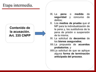 Etapa intermedia.
Contenido de
la acusación.
Art. 335 CNPP
IX. La pena o medida de
seguridad y concurso de
delitos;
X. Los medios de prueba que el
MP para la individualización de
la pena y, los sustitutivos de la
pena de prisión o suspensión
de la misma;
XI. La solicitud de decomiso de
los bienes asegurados;
XII. La propuesta de acuerdos
probatorios, y
XIII.La solicitud de que se aplique
alguna forma de terminación
anticipada del proceso.
 