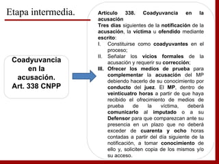 Etapa intermedia.
Coadyuvancia
en la
acusación.
Art. 338 CNPP
Artículo 338. Coadyuvancia en la
acusación
Tres días siguientes de la notificación de la
acusación, la víctima u ofendido mediante
escrito:
I. Constituirse como coadyuvantes en el
proceso;
II. Señalar los vicios formales de la
acusación y requerir su corrección;
III. Ofrecer los medios de prueba para
complementar la acusación del MP
debiendo hacerlo de su conocimiento por
conducto del juez. El MP, dentro de
veinticuatro horas a partir de que haya
recibido el ofrecimiento de medios de
prueba de la víctima, deberá
comunicarlo al imputado o a su
Defensor para que comparezcan ante su
presencia en un plazo que no deberá
exceder de cuarenta y ocho horas
contadas a partir del día siguiente de la
notificación, a tomar conocimiento de
ello y, soliciten copia de los mismos y/o
su acceso.
 