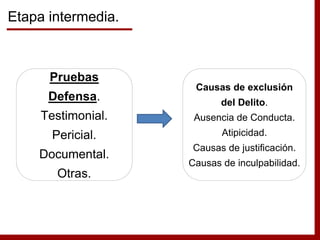 Pruebas
Defensa.
Testimonial.
Pericial.
Documental.
Otras.
Causas de exclusión
del Delito.
Ausencia de Conducta.
Atipicidad.
Causas de justificación.
Causas de inculpabilidad.
Etapa intermedia.
 