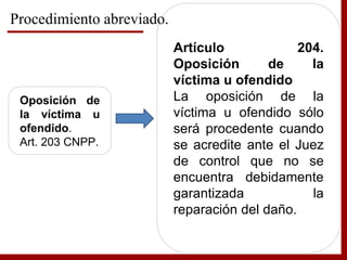 Oposición de
la víctima u
ofendido.
Art. 203 CNPP.
Artículo 204.
Oposición de la
víctima u ofendido
La oposición de la
víctima u ofendido sólo
será procedente cuando
se acredite ante el Juez
de control que no se
encuentra debidamente
garantizada la
reparación del daño.
Procedimiento abreviado.
 