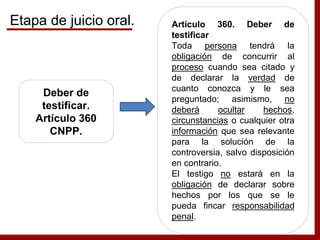 Deber de
testificar.
Artículo 360
CNPP.
Artículo 360. Deber de
testificar
Toda persona tendrá la
obligación de concurrir al
proceso cuando sea citado y
de declarar la verdad de
cuanto conozca y le sea
preguntado; asimismo, no
deberá ocultar hechos,
circunstancias o cualquier otra
información que sea relevante
para la solución de la
controversia, salvo disposición
en contrario.
El testigo no estará en la
obligación de declarar sobre
hechos por los que se le
pueda fincar responsabilidad
penal.
Etapa de juicio oral.
 