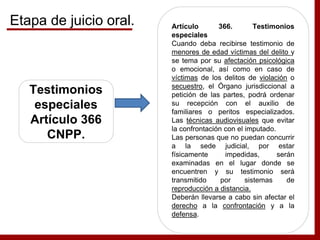 Testimonios
especiales
Artículo 366
CNPP.
Artículo 366. Testimonios
especiales
Cuando deba recibirse testimonio de
menores de edad víctimas del delito y
se tema por su afectación psicológica
o emocional, así como en caso de
víctimas de los delitos de violación o
secuestro, el Órgano jurisdiccional a
petición de las partes, podrá ordenar
su recepción con el auxilio de
familiares o peritos especializados.
Las técnicas audiovisuales que evitar
la confrontación con el imputado.
Las personas que no puedan concurrir
a la sede judicial, por estar
físicamente impedidas, serán
examinadas en el lugar donde se
encuentren y su testimonio será
transmitido por sistemas de
reproducción a distancia.
Deberán llevarse a cabo sin afectar el
derecho a la confrontación y a la
defensa.
Etapa de juicio oral.
 