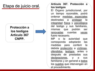 Protección a
los testigos
Artículo 367
CNPP.
Artículo 367. Protección a
los testigos
El Órgano jurisdiccional, por
un tiempo razonable, podrá
ordenar medidas especiales
destinadas a proteger la
integridad física y psicológica
del testigo y sus familiares,
mismas que podrán ser
renovadas cuantas veces
fuere necesario.
MP o la autoridad que
corresponda adoptarán las
medidas para conferir la
debida protección a víctimas,
ofendidos, testigos, antes o
después de prestadas sus
declaraciones, y a sus
familiares y en general a todos
los sujetos que intervengan en
el procedimiento.
Etapa de juicio oral.
 
