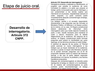 Desarrollo de
interrogatorio.
Artículo 372
CNPP.
Artículo 372. Desarrollo de interrogatorio
Otorgada la protesta y realizada su identificación, el
juzgador que presida la audiencia de juicio
concederá la palabra a la parte que propuso el
testigo, perito o al acusado para que lo interrogue, y
con posterioridad a los demás sujetos que
intervienen en el proceso, respetándose siempre el
orden asignado. La parte contraria podrá
inmediatamente después contrainterrogar al testigo,
perito o al acusado.
Los testigos, peritos o el acusado responderán
directamente a las preguntas que les formulen el
Ministerio Público, el Defensor o el Asesor jurídico
de la víctima, en su caso. El Órgano jurisdiccional
deberá abstenerse de interrumpir dicho
interrogatorio salvo que medie objeción fundada de
parte, o bien, resulte necesario para mantener el
orden y decoro necesarios para la debida
diligenciación de la audiencia. Sin perjuicio de lo
anterior, el Órgano Jurisdiccional podrá formular
preguntas para aclarar lo manifestado por quien
deponga, en los términos previstos en este Código.
A solicitud de algunas de las partes, el Tribunal
podrá autorizar un nuevo interrogatorio a los
testigos que ya hayan declarado en la audiencia,
siempre y cuando no hayan sido liberados; al perito
se le podrán formular preguntas con el fin de
proponerle hipótesis sobre la materia del dictamen
pericial, a las que el perito deberá responder
atendiéndose a la ciencia, la profesión y los hechos
hipotéticos propuestos.
Después del contrainterrogatorio el oferente podrá
repreguntar al testigo en relación a lo manifestado.
En la materia del contrainterrogatorio la parte
contraria podrá recontrainterrogar al testigo
respecto de la materia de las preguntas.
Etapa de juicio oral.
 