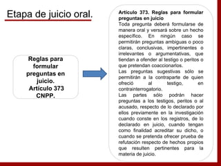 Reglas para
formular
preguntas en
juicio.
Artículo 373
CNPP.
Artículo 373. Reglas para formular
preguntas en juicio
Toda pregunta deberá formularse de
manera oral y versará sobre un hecho
específico. En ningún caso se
permitirán preguntas ambiguas o poco
claras, conclusivas, impertinentes o
irrelevantes o argumentativas, que
tiendan a ofender al testigo o peritos o
que pretendan coaccionarlos.
Las preguntas sugestivas sólo se
permitirán a la contraparte de quien
ofreció al testigo, en
contrainterrogatorio.
Las partes sólo podrán hacer
preguntas a los testigos, peritos o al
acusado, respecto de lo declarado por
ellos previamente en la investigación
cuando conste en los registros, de lo
declarado en juicio, cuando tengan
como finalidad acreditar su dicho, o
cuando se pretenda ofrecer prueba de
refutación respecto de hechos propios
que resulten pertinentes para la
materia de juicio.
Etapa de juicio oral.
 