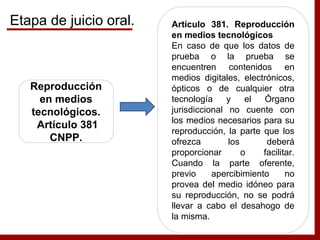 Reproducción
en medios
tecnológicos.
Artículo 381
CNPP.
Artículo 381. Reproducción
en medios tecnológicos
En caso de que los datos de
prueba o la prueba se
encuentren contenidos en
medios digitales, electrónicos,
ópticos o de cualquier otra
tecnología y el Órgano
jurisdiccional no cuente con
los medios necesarios para su
reproducción, la parte que los
ofrezca los deberá
proporcionar o facilitar.
Cuando la parte oferente,
previo apercibimiento no
provea del medio idóneo para
su reproducción, no se podrá
llevar a cabo el desahogo de
la misma.
Etapa de juicio oral.
 