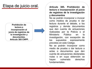 Prohibición de
lectura e
incorporación al
juicio de registros de
la investigación y
documentos.
Artículo 385 CNPP.
Artículo 385. Prohibición de
lectura e incorporación al juicio
de registros de la investigación
y documentos
No se podrán incorporar o invocar
como medios de prueba ni dar
lectura durante el debate, a los
registros y demás documentos
que den cuenta de actuaciones
realizadas por la Policía o el
Ministerio Público en la
investigación, con excepción de
los supuestos expresamente
previstos en este Código.
No se podrán incorporar como
medio de prueba o dar lectura a
actas o documentos que den
cuenta de actuaciones declaradas
nulas o en cuya obtención se
hayan vulnerado derechos
fundamentales.
Etapa de juicio oral.
 
