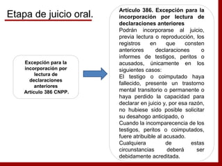 Excepción para la
incorporación por
lectura de
declaraciones
anteriores
Artículo 386 CNPP.
Artículo 386. Excepción para la
incorporación por lectura de
declaraciones anteriores
Podrán incorporarse al juicio,
previa lectura o reproducción, los
registros en que consten
anteriores declaraciones o
informes de testigos, peritos o
acusados, únicamente en los
siguientes casos:
El testigo o coimputado haya
fallecido, presente un trastorno
mental transitorio o permanente o
haya perdido la capacidad para
declarar en juicio y, por esa razón,
no hubiese sido posible solicitar
su desahogo anticipado, o
Cuando la incomparecencia de los
testigos, peritos o coimputados,
fuere atribuible al acusado.
Cualquiera de estas
circunstancias deberá ser
debidamente acreditada.
Etapa de juicio oral.
 