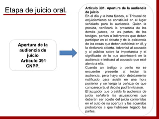 Apertura de la
audiencia de
juicio
Artículo 391
CNPP.
Artículo 391. Apertura de la audiencia
de juicio
En el día y la hora fijados, el Tribunal de
enjuiciamiento se constituirá en el lugar
señalado para la audiencia. Quien la
presida, verificará la presencia de los
demás jueces, de las partes, de los
testigos, peritos o intérpretes que deban
participar en el debate y de la existencia
de las cosas que deban exhibirse en él, y
la declarará abierta. Advertirá al acusado
y al público sobre la importancia y el
significado de lo que acontecerá en la
audiencia e indicará al acusado que esté
atento a ella.
Cuando un testigo o perito no se
encuentre presente al iniciar la
audiencia, pero haya sido debidamente
notificado para asistir en una hora
posterior y se tenga la certeza de que
comparecerá, el debate podrá iniciarse.
El juzgador que presida la audiencia de
juicio señalará las acusaciones que
deberán ser objeto del juicio contenidas
en el auto de su apertura y los acuerdos
probatorios a que hubiesen llegado las
partes.
Etapa de juicio oral.
 