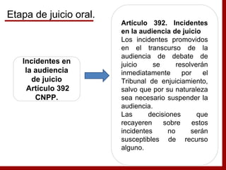 Incidentes en
la audiencia
de juicio
Artículo 392
CNPP.
Artículo 392. Incidentes
en la audiencia de juicio
Los incidentes promovidos
en el transcurso de la
audiencia de debate de
juicio se resolverán
inmediatamente por el
Tribunal de enjuiciamiento,
salvo que por su naturaleza
sea necesario suspender la
audiencia.
Las decisiones que
recayeren sobre estos
incidentes no serán
susceptibles de recurso
alguno.
Etapa de juicio oral.
 