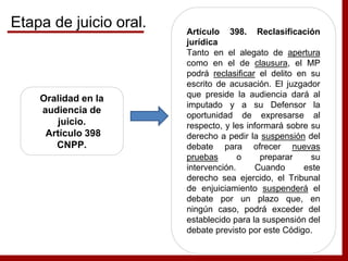 Oralidad en la
audiencia de
juicio.
Artículo 398
CNPP.
Artículo 398. Reclasificación
jurídica
Tanto en el alegato de apertura
como en el de clausura, el MP
podrá reclasificar el delito en su
escrito de acusación. El juzgador
que preside la audiencia dará al
imputado y a su Defensor la
oportunidad de expresarse al
respecto, y les informará sobre su
derecho a pedir la suspensión del
debate para ofrecer nuevas
pruebas o preparar su
intervención. Cuando este
derecho sea ejercido, el Tribunal
de enjuiciamiento suspenderá el
debate por un plazo que, en
ningún caso, podrá exceder del
establecido para la suspensión del
debate previsto por este Código.
Etapa de juicio oral.
 