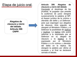Alegatos de
clausura y cierre
del debate.
Artículo 399
CNPP.
Artículo 399. Alegatos de
clausura y cierre del debate
Concluido el desahogo de las
pruebas, el juzgador que preside
la audiencia de juicio otorgará
sucesivamente la palabra al MP,
al Asesor jurídico de la víctima u
ofendido del delito y al Defensor,
para que expongan sus alegatos
de clausura. Acto seguido, se
otorgará al Ministerio Público y al
Defensor la posibilidad de replicar
y duplicar. La réplica sólo podrá
referirse a lo expresado por el
Defensor en su alegato de
clausura y la dúplica a lo
expresado por el Ministerio
Público o a la víctima u ofendido
del delito en la réplica. Se
otorgará la palabra por último al
acusado y al final se declarará
cerrado el debate.
Etapa de juicio oral.
 