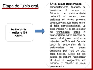 Deliberación.
Artículo 400
CNPP.
Artículo 400. Deliberación
Inmediatamente después de
concluido el debate, el
Tribunal de enjuiciamiento
ordenará un receso para
deliberar en forma privada,
continua y aislada, hasta emitir
el fallo correspondiente. La
deliberación no podrá exceder
de veinticuatro horas ni
suspenderse, salvo en caso de
enfermedad grave del Juez o
miembro del Tribunal. En este
caso, la suspensión de la
deliberación no podrá
ampliarse por más de diez
días hábiles, luego de los
cuales se deberá reemplazar
al Juez o integrantes del
Tribunal y realizar el juicio
nuevamente.
Etapa de juicio oral.
 