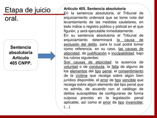 Sentencia
absolutoria
Artículo
405 CNPP.
Artículo 405. Sentencia absolutoria
En la sentencia absolutoria, el Tribunal de
enjuiciamiento ordenará que se tome nota del
levantamiento de las medidas cautelares, en
todo índice o registro público y policial en el que
figuren, y será ejecutable inmediatamente.
En su sentencia absolutoria el Tribunal de
enjuiciamiento determinará la causa de
exclusión del delito, para lo cual podrá tomar
como referencia, en su caso, las causas de
atipicidad, de justificación o inculpabilidad, bajo
los rubros siguientes:
Son causas de atipicidad: la ausencia de
voluntad o de conducta, la falta de alguno de
los elementos del tipo penal, el consentimiento
de la víctima que recaiga sobre algún bien
jurídico disponible, el error de tipo vencible que
recaiga sobre algún elemento del tipo penal que
no admita, de acuerdo con el catálogo de
delitos susceptibles de configurarse de forma
culposa previsto en la legislación penal
aplicable, así como el error de tipo invencible;
(…)
Etapa de juicio
oral.
 