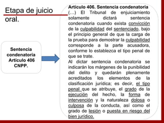 Sentencia
condenatoria
Artículo 406
CNPP.
Artículo 406. Sentencia condenatoria
(…) El Tribunal de enjuiciamiento
solamente dictará sentencia
condenatoria cuando exista convicción
de la culpabilidad del sentenciado, bajo
el principio general de que la carga de
la prueba para demostrar la culpabilidad
corresponde a la parte acusadora,
conforme lo establezca el tipo penal de
que se trate.
Al dictar sentencia condenatoria se
indicarán los márgenes de la punibilidad
del delito y quedarán plenamente
acreditados los elementos de la
clasificación jurídica; es decir, el tipo
penal que se atribuye, el grado de la
ejecución del hecho, la forma de
intervención y la naturaleza dolosa o
culposa de la conducta, así como el
grado de lesión o puesta en riesgo del
bien jurídico.
Etapa de juicio
oral.
 