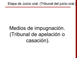 Etapa de Juicio oral. (Tribunal del juicio oral.).
Medios de impugnación.
(Tribunal de apelación o
casación).
 