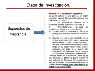 Etapa de Investigación.
Supuestos de
flagrancia.
Artículo 146. Supuestos de flagrancia
Se podrá detener a una persona sin orden
judicial en caso de flagrancia. Se entiende que
hay flagrancia cuando:
I. La persona es detenida en el
momento de estar cometiendo un delito, o
II. Inmediatamente después de
cometerlo es detenida, en virtud de que:
a) Es sorprendida cometiendo el delito y es
perseguida material e ininterrumpidamente,
o
b) Cuando la persona sea señalada por la
víctima u ofendido, algún testigo presencial
de los hechos o quien hubiere intervenido
con ella en la comisión del delito y cuando
tenga en su poder instrumentos, objetos,
productos del delito o se cuente con
información o indicios que hagan presumir
fundadamente que intervino en el mismo.
Para los efectos de la fracción II, inciso b), de
este precepto, se considera que la persona ha
sido detenida en flagrancia por señalamiento,
siempre y cuando, inmediatamente después de
cometer el delito no se haya interrumpido su
búsqueda o localización.
 