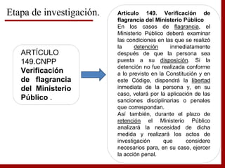 Etapa de investigación.
ARTÍCULO
149.CNPP
Verificación
de flagrancia
del Ministerio
Público .
Artículo 149. Verificación de
flagrancia del Ministerio Público
En los casos de flagrancia, el
Ministerio Público deberá examinar
las condiciones en las que se realizó
la detención inmediatamente
después de que la persona sea
puesta a su disposición. Si la
detención no fue realizada conforme
a lo previsto en la Constitución y en
este Código, dispondrá la libertad
inmediata de la persona y, en su
caso, velará por la aplicación de las
sanciones disciplinarias o penales
que correspondan.
Así también, durante el plazo de
retención el Ministerio Público
analizará la necesidad de dicha
medida y realizará los actos de
investigación que considere
necesarios para, en su caso, ejercer
la acción penal.
 